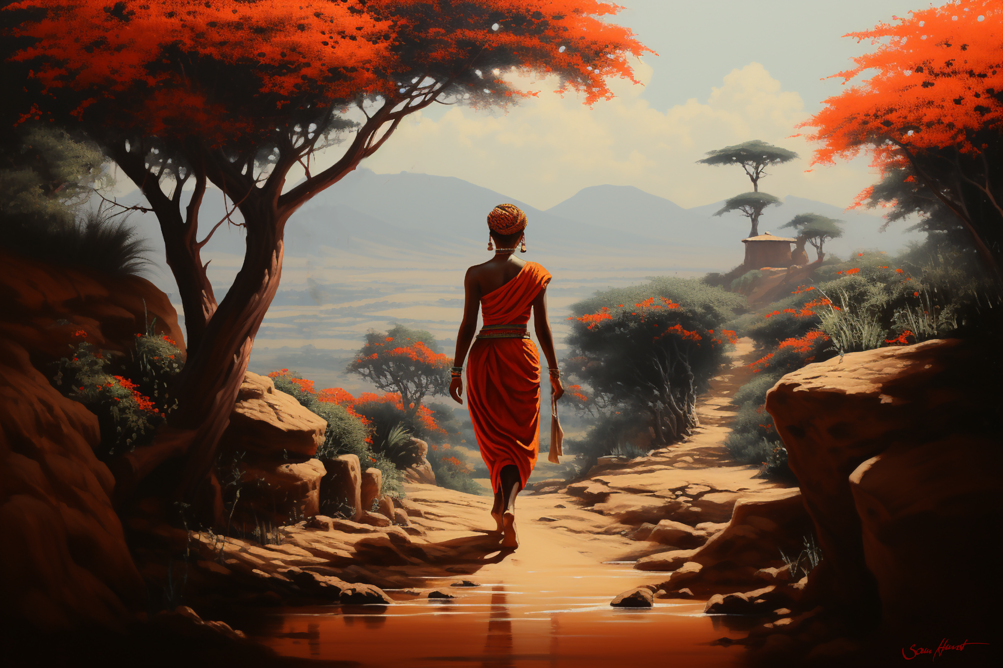 Afrikanische Frau auf dem Weg zum Dorf